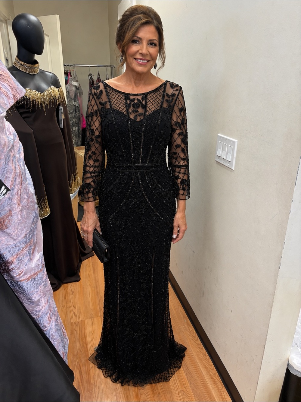Elegant Black Beaded Long Sleeve Evening Gown Marsoni MV1263 size 18